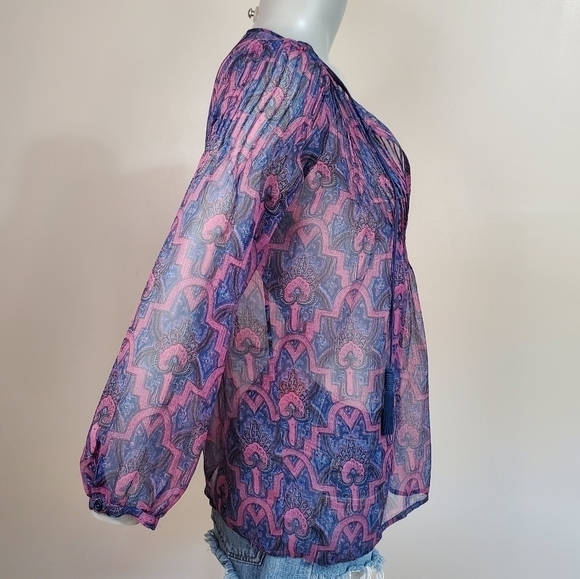3/$30 ❤️ 𝅺joie Bohemian Sheer Paisley Print Silk Pop Over Blouse Size XXS - Picture 3 of 14